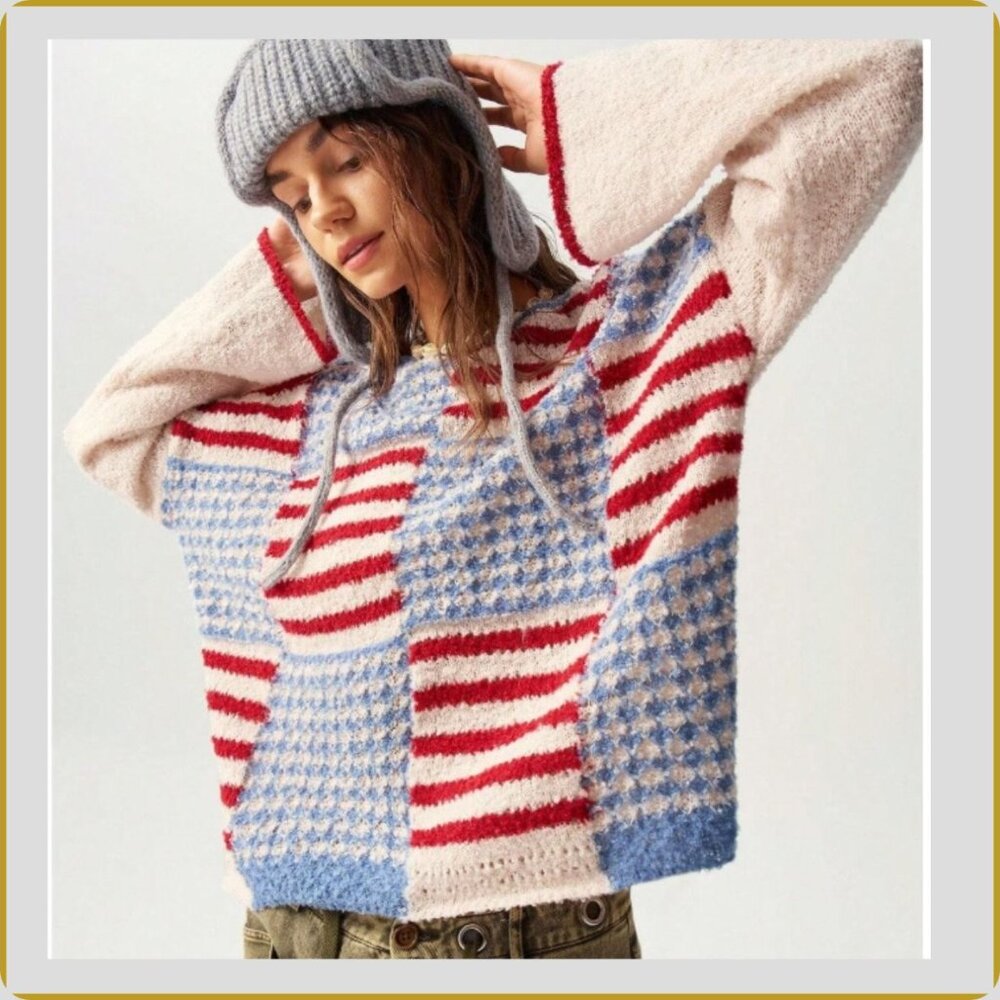 💚 Cozy Patchwork Knit Sweater – Red & Blue Americana Pattern – Size M